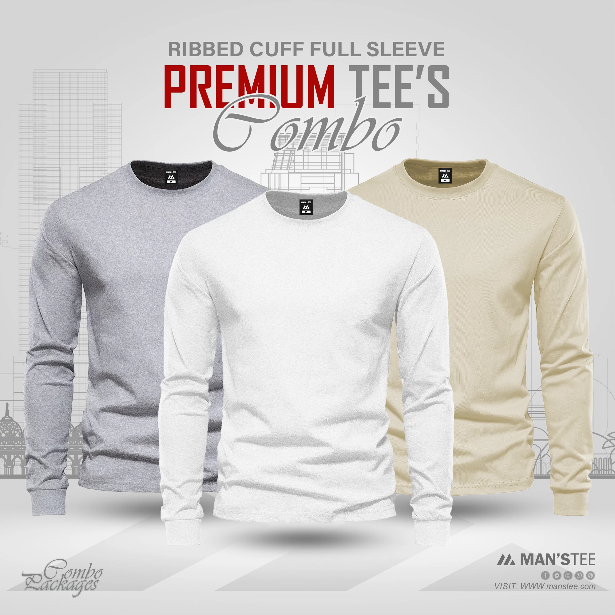 Ash-White-Cream.webp Full Sleeve T-shirt Combo Pack- Ash, White, Cream - Image 1