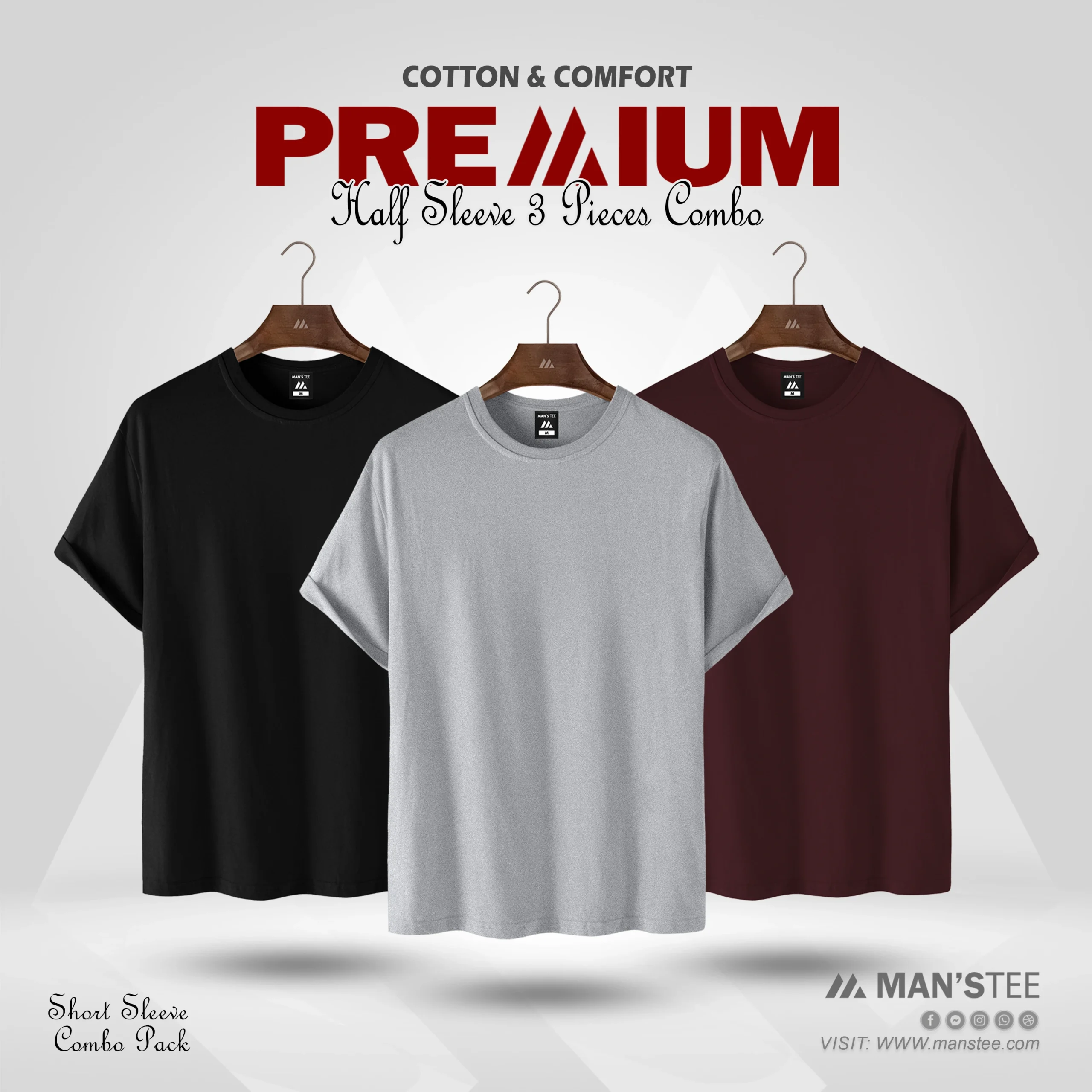 Black-Ash-Maroon-scaled-1.webp HALF SLEEVE COMBO - (BLACK, ASH, MAROON) - Image 1