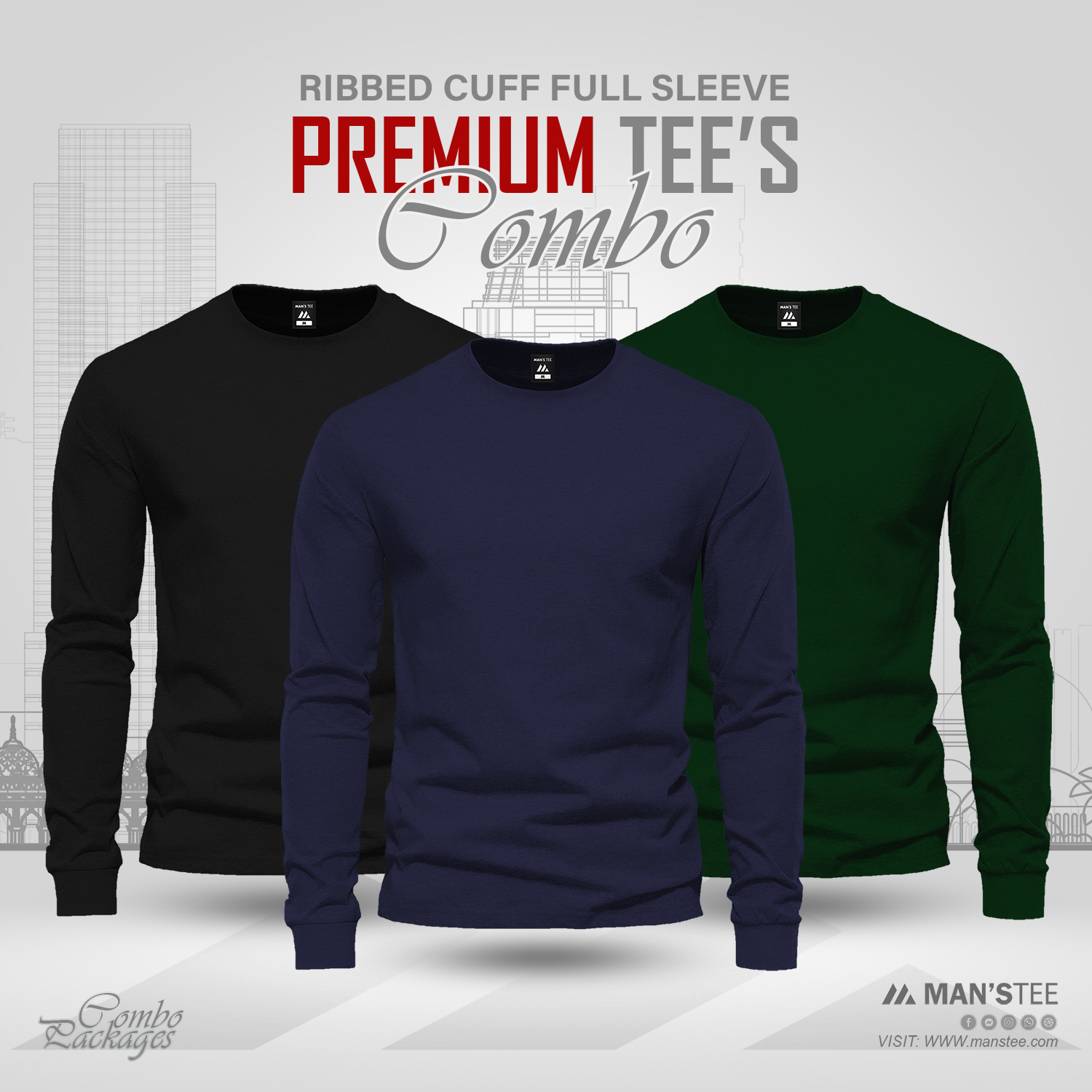 Black-Navy-Bottle-Green.png Full Sleeve T-shirt Combo - Black, Navy Blue, Bottle Green - Image 1