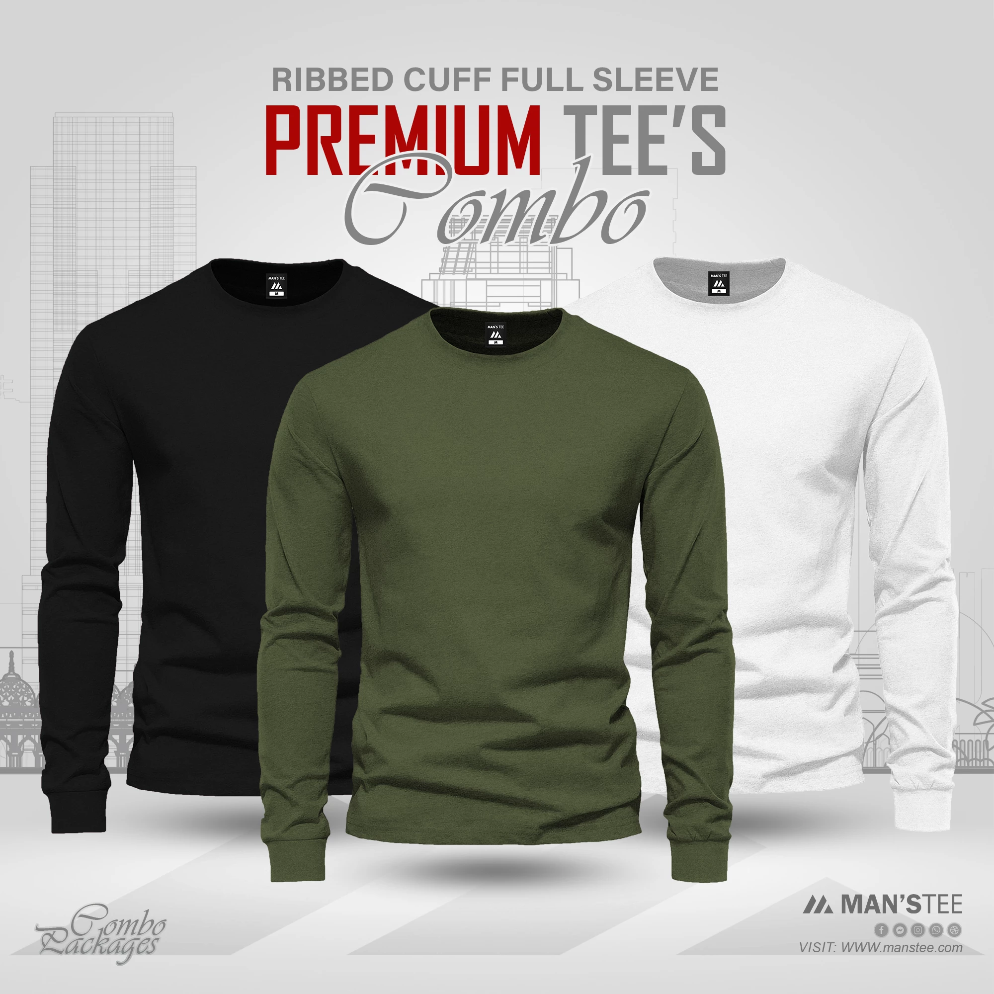 Black-Olive-White.webp Full Sleeve T-shirt Combo - Black, Olive, White - Image 1