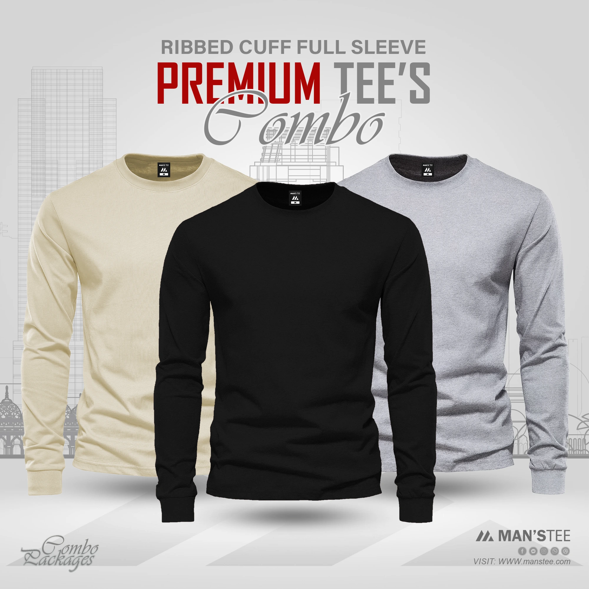 Cream-Black-Ash.webp Full Sleeve T-shirt Combo - Cream, Black, Ash - Image 1