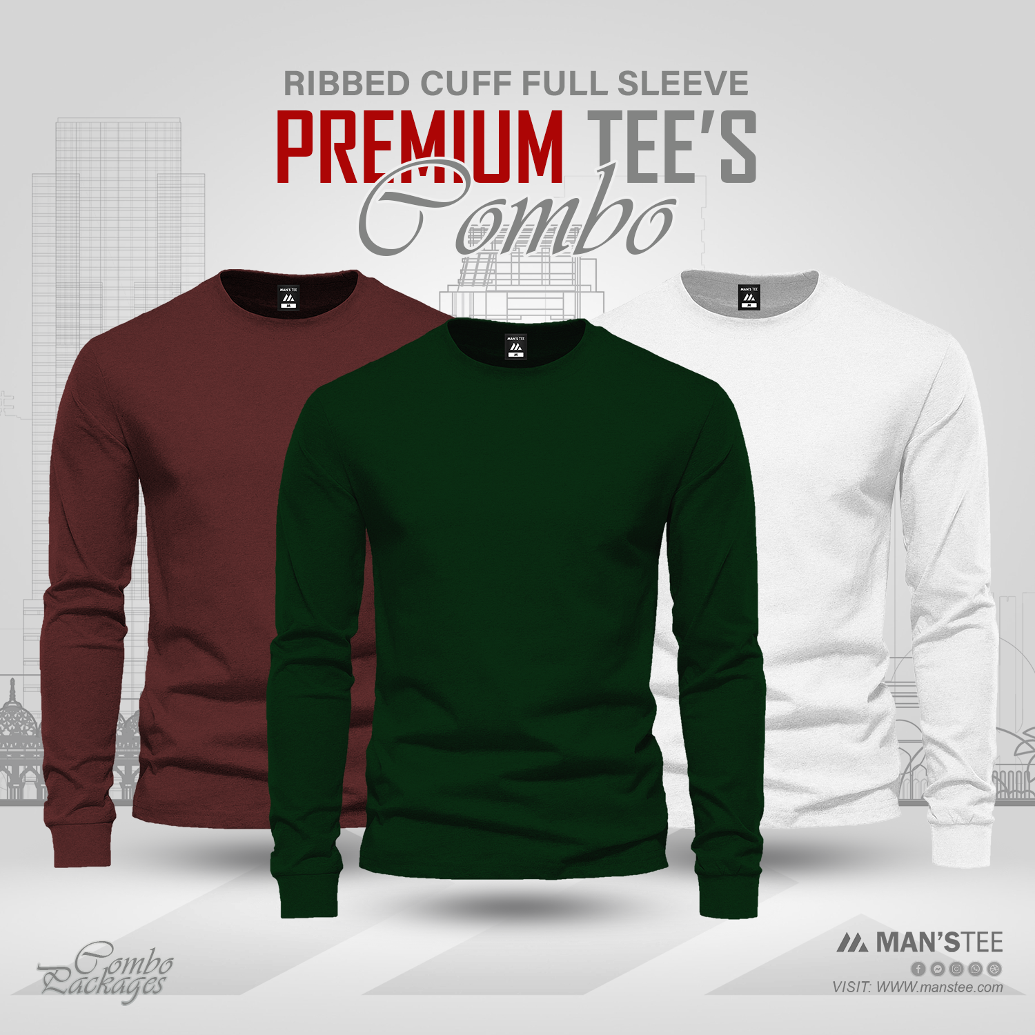 Maroon-B-Green-Wite.png Full Sleeve T-shirt Combo - Maroon, Bottle Green, White - Image 1