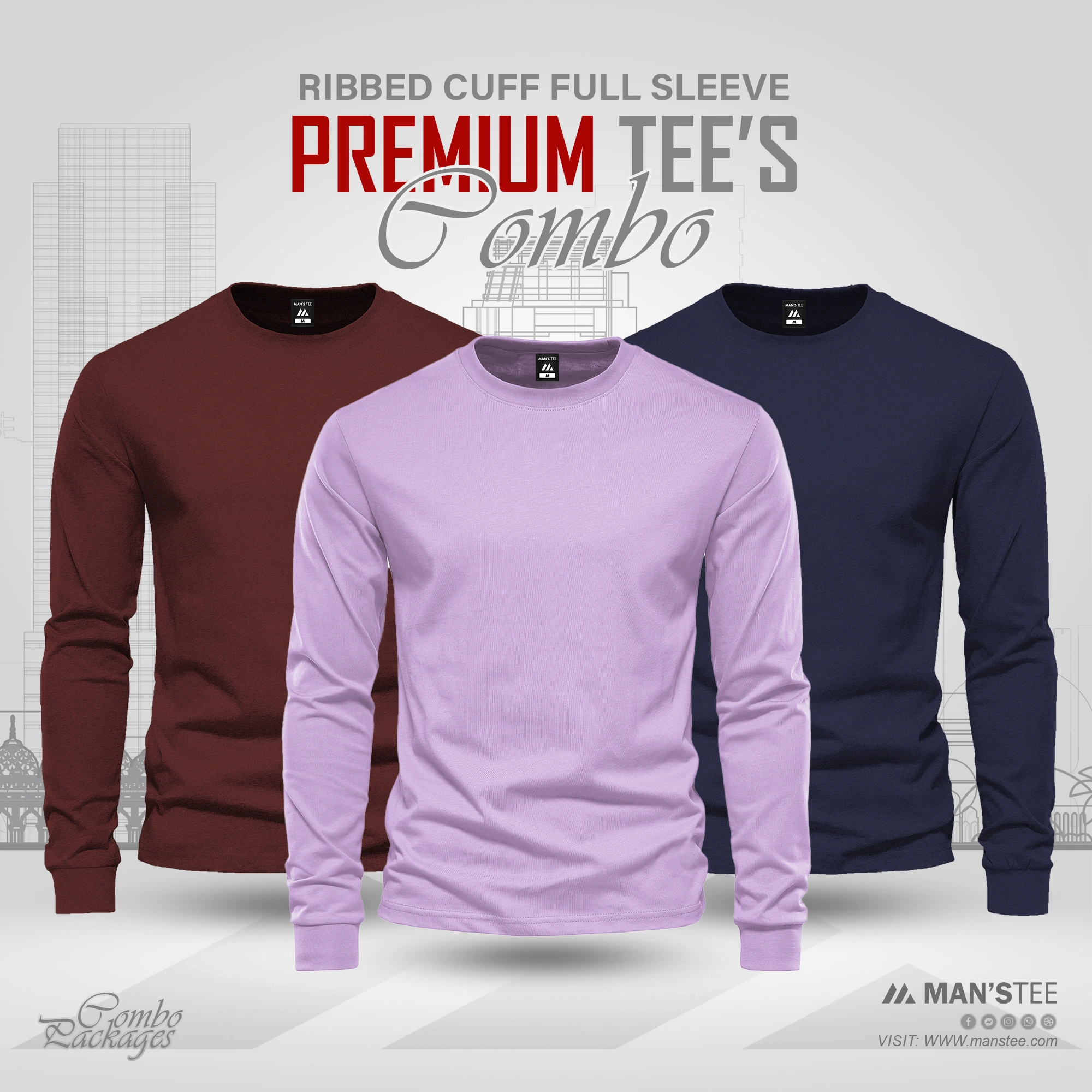 Maroon-Lavender-Navy-Blue.webp Full Sleeve T-shirt Combo - Maroon, Lavender, Navy Blue - Image 1