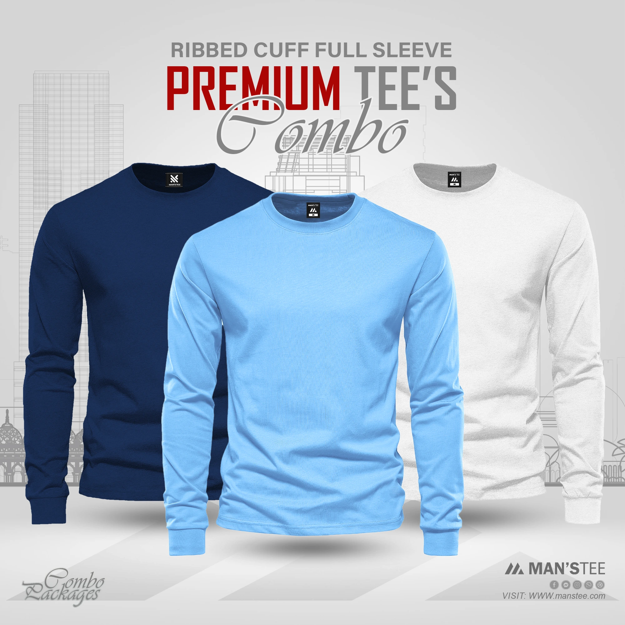 Petrol-Blue-Sky-Blue-White.webp Full Sleeve T-shirt Combo - Petrol Blue, Sky Blue, White - Image 1