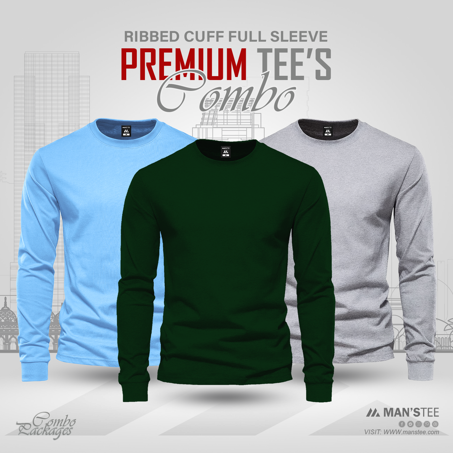 Sky-B-Green-Ash.png Full Sleeve T-shirt Combo - Sky, Bottle Green, Ash - Image 1