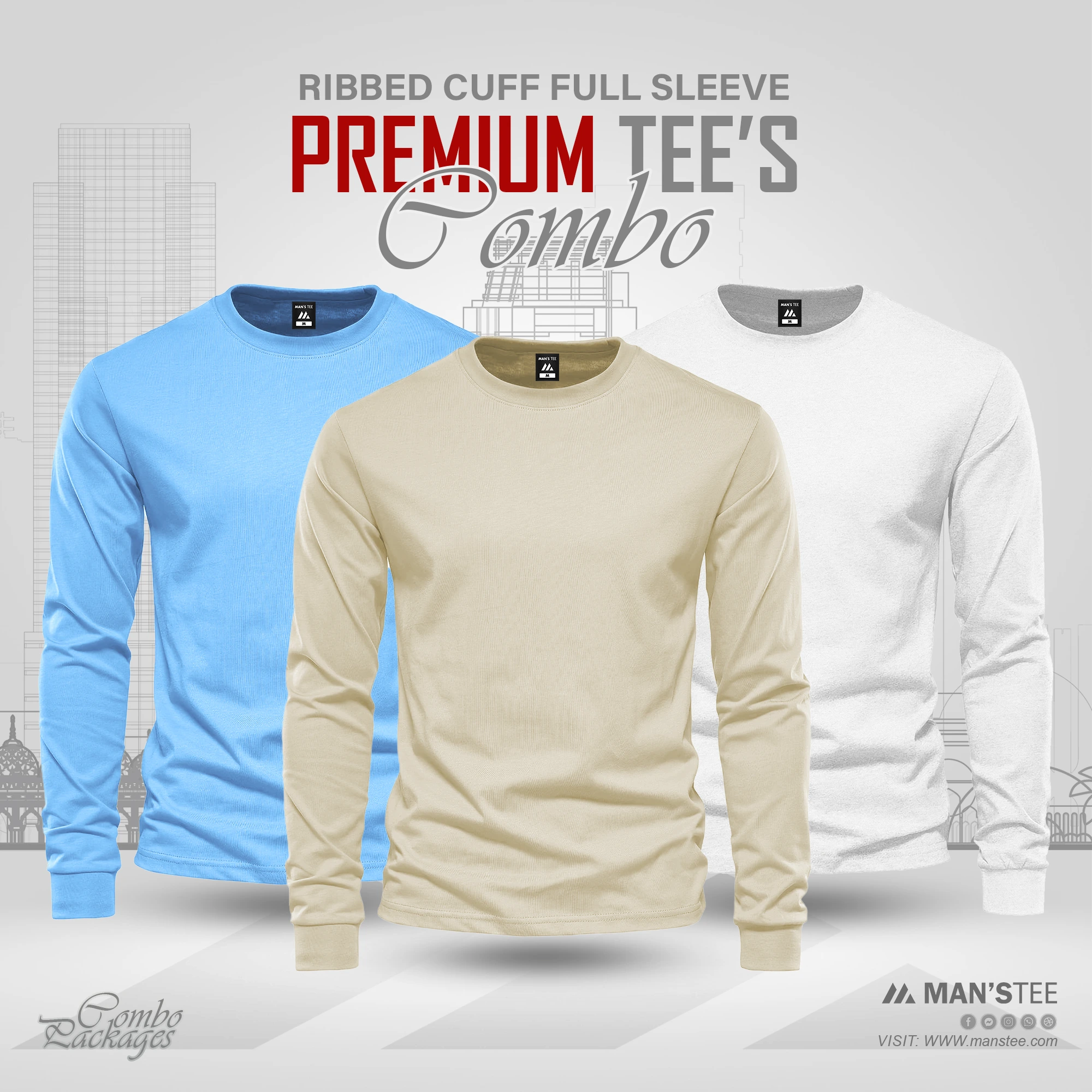 Sky-Cream-White.webp Full Sleeve T-shirt Combo - Sky, Cream, White - Image 1