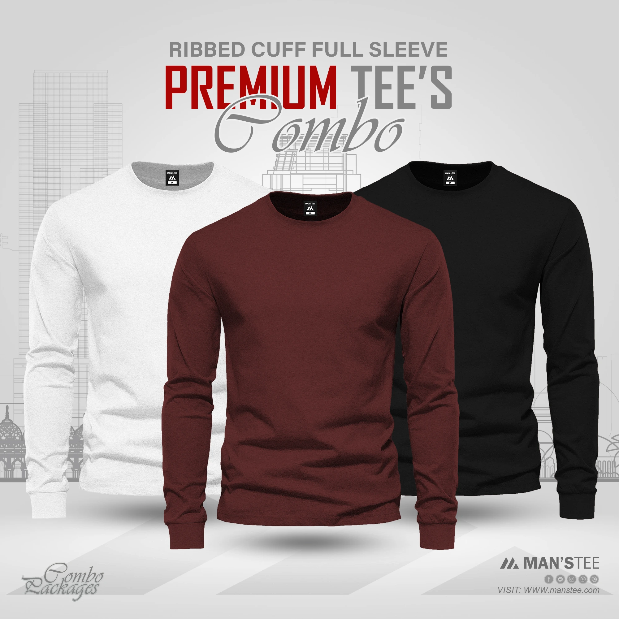 White-Maroon-Black.webp Full Sleeve T-shirt Combo - White, Maroon, Black - Image 1